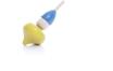 Holzspielzeug - Gelber Tischkreisel mit blauer Mütze - Ansicht Hinten - als Mitbringsel für den Kindergeburtstag