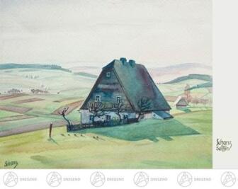 Künstlerkarte Max Schanz Farben des Gebirges, Erzgebirgshaus Breite x Höhe ca 10,5 cmx14,8 cm