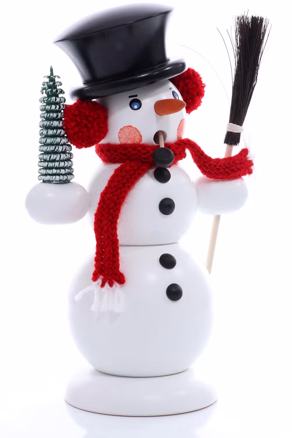 Räucherfigur Räucherschneemann mit Besen, Zylinder und Ringelbaum weiß aus Holz, Erzgebirge von