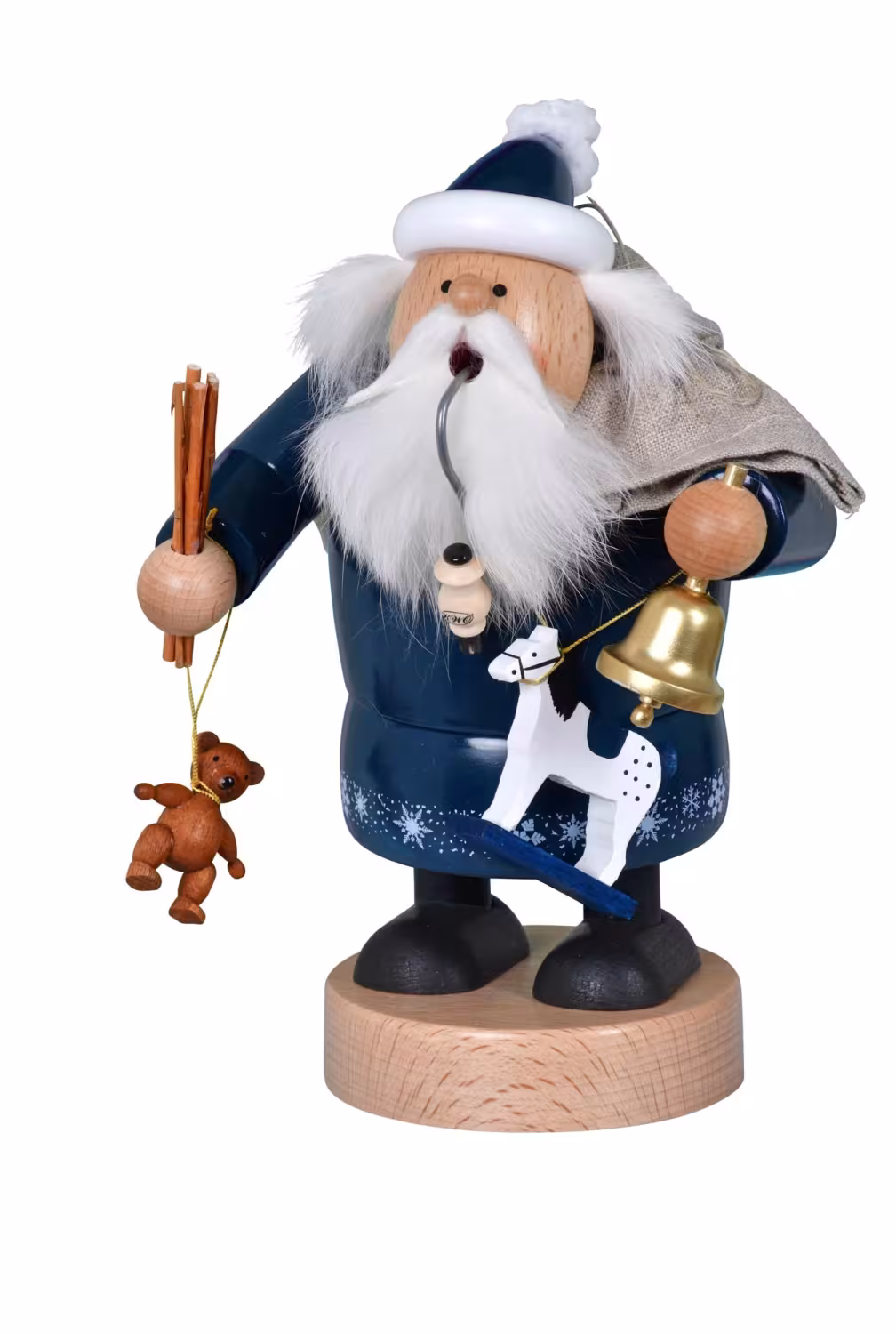 Räuchermann Knecht Ruprecht von KWO aus dem Erzgebirge, detailreiche Holzfigur mit blauem Mantel,