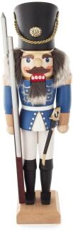 Nussknacker – majestätischer Soldat in blau-weißer Uniform mit Säbel und Gewehr, detailreich und