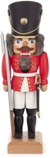 Nussknacker – detailreicher Soldat in rot-weißer Uniform mit Säbel und Gewehr, handgefertigt – BxHxT