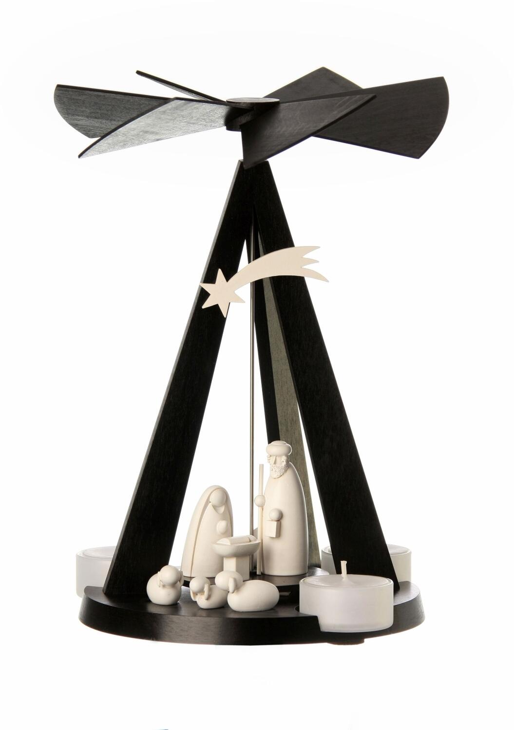 Teelichtpyramide in moderner schwarzer Dreieckform mit heller Christi Geburt aus Holz von Seiffener