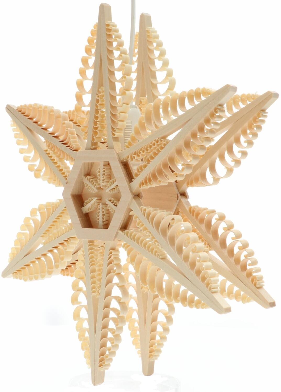 Fensterschmuck – doppellagiger Spanstern mit sechs kleinen Spanbäumen und elektrischer Beleuchtung, naturbelassenes Lindenholz – ca. 32x32x10 cm