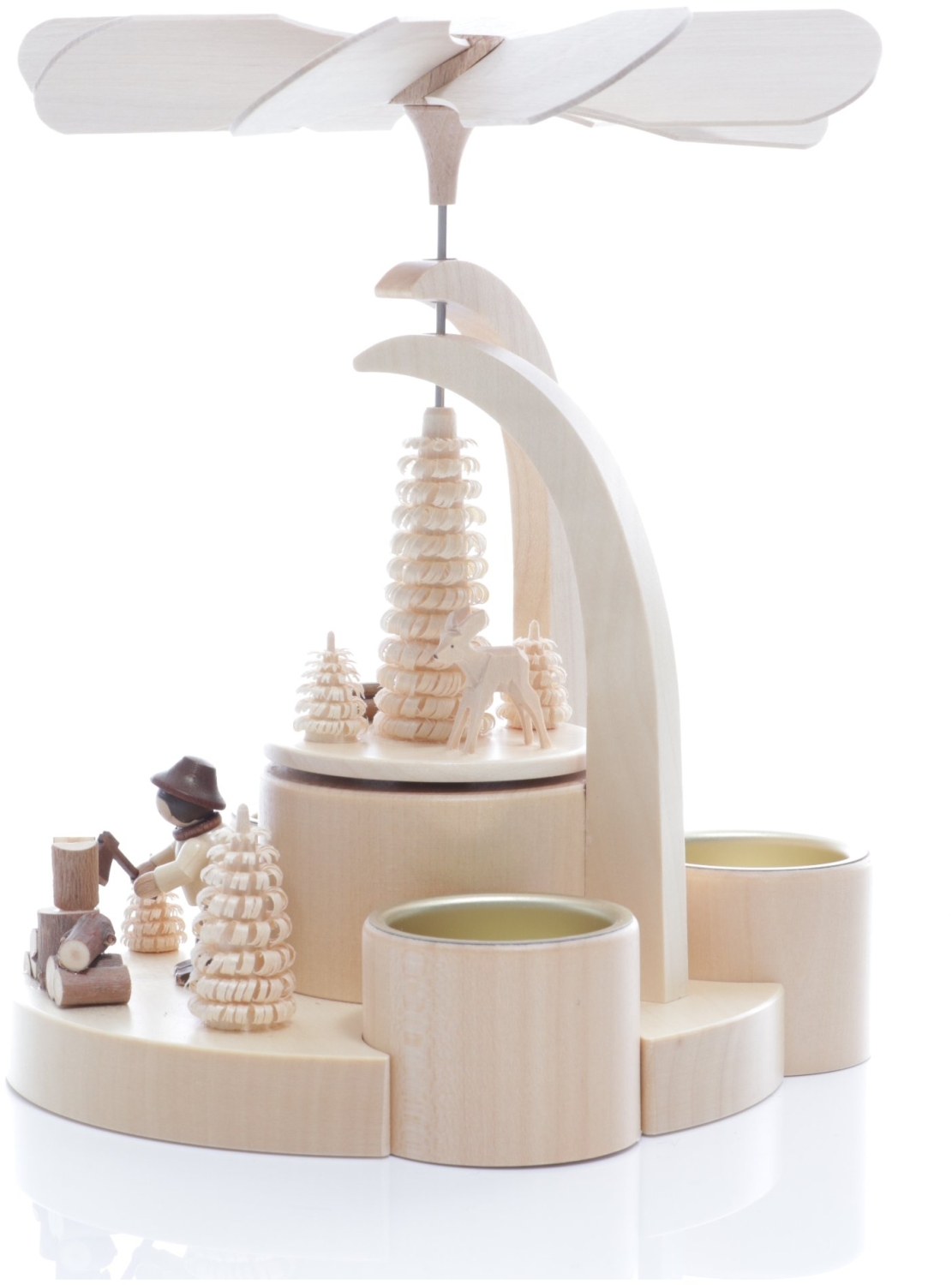 Tischpyramide - Natur Teelichtpyramide Waldarbeiter für 3 Teelichte mit Ringelbäume und Reh - Höhe 20 cm