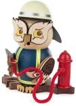 Räucherfigur – detailreiche Eule als Feuerwehrmann mit Schlauch und Schutzhelm, bunt bemalt – BxHxT 