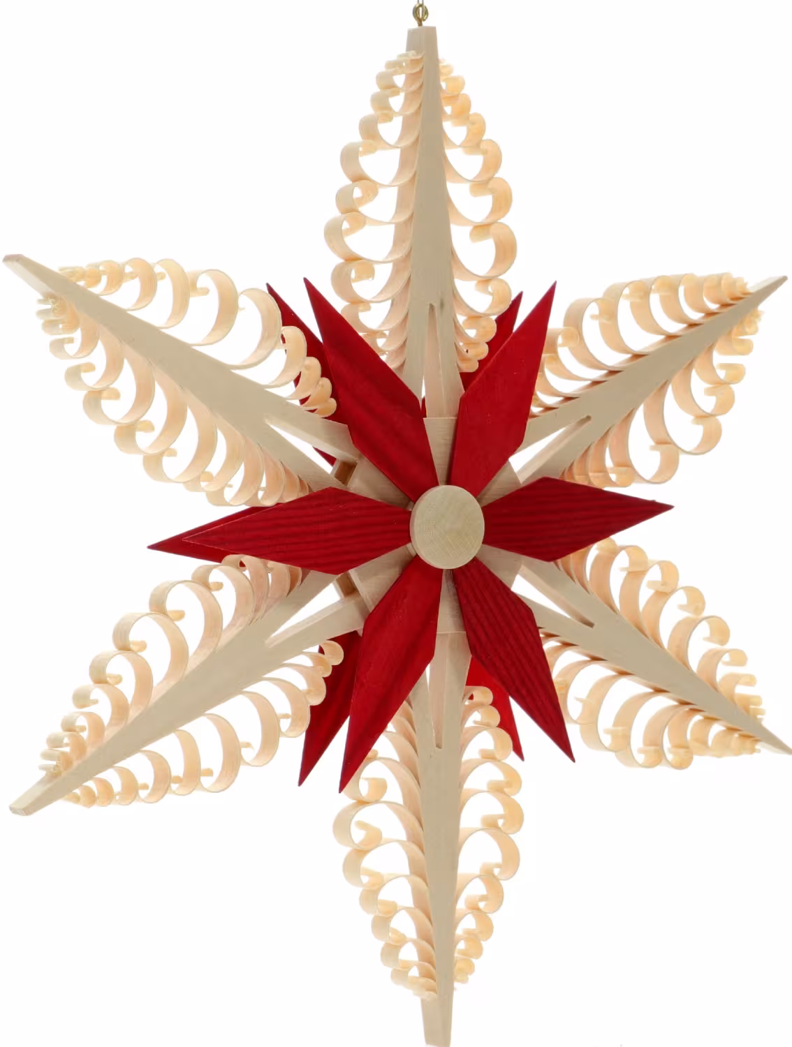 Fensterschmuck filigraner handgefertigter Spanstern mit rotem Kiefernstern im Zentrum aus Holz,