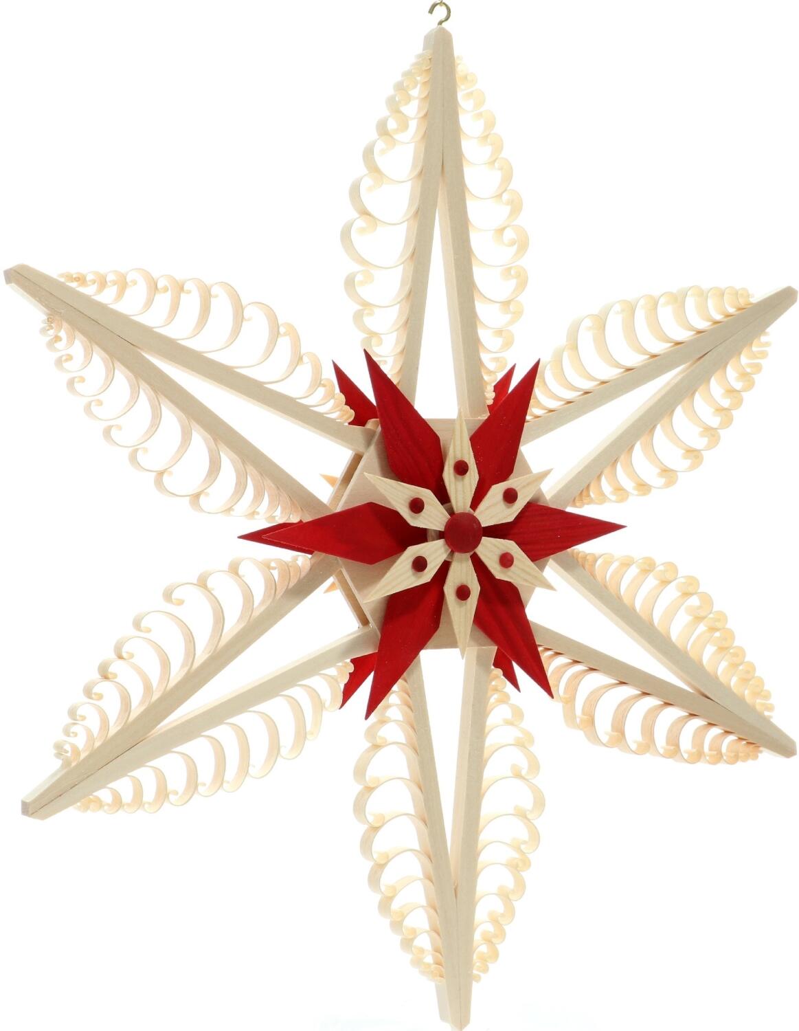 Spanstern Mitte mit 2 Kiefersterne Natur und Rot - Ansicht Vorne - Hergestellt im Erzgebirge