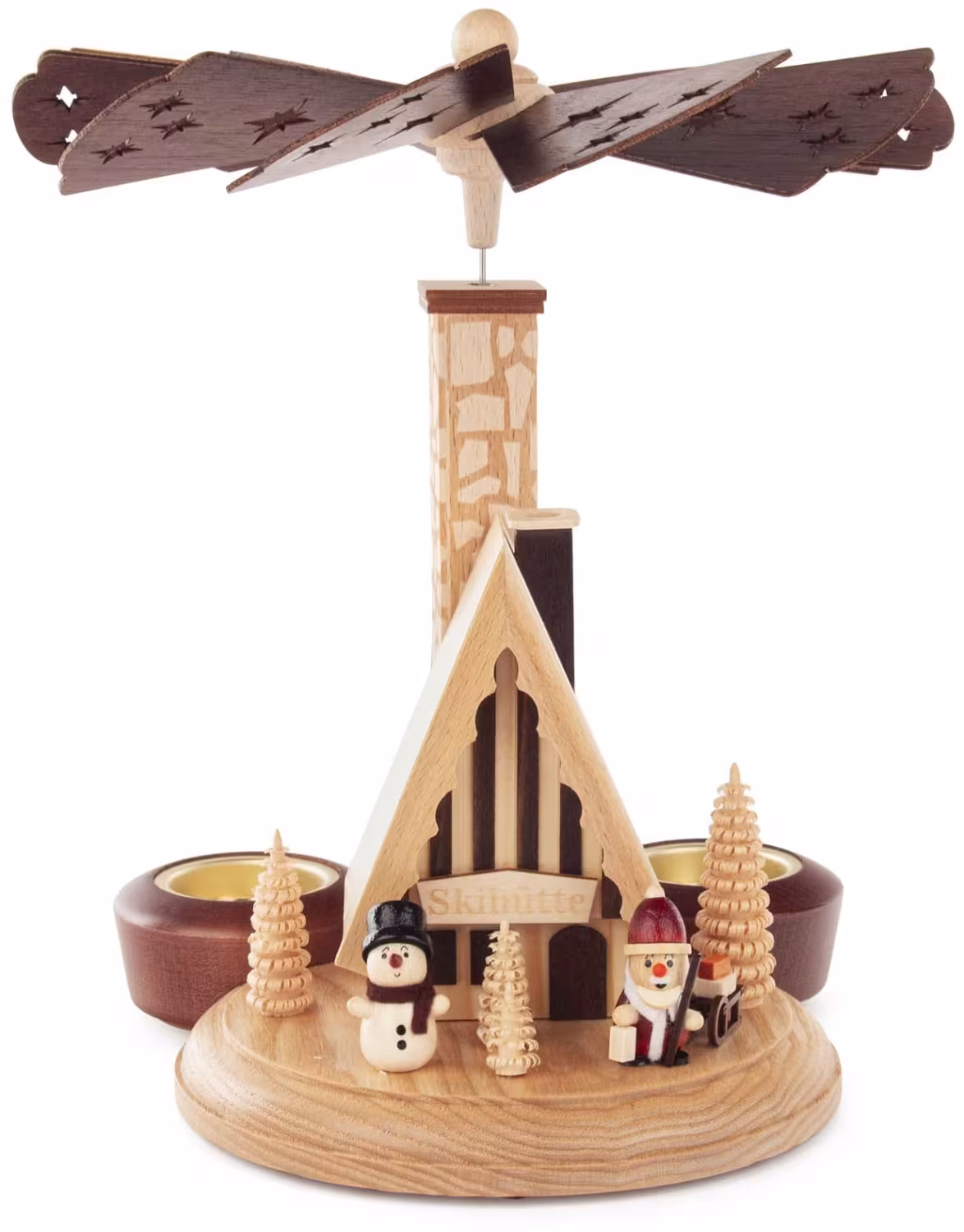 Räucherpyramide kleine Skihütte mit Weihnachtsmann und Schneemann naturfarben aus Holz von Holz- und
