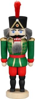 Nussknacker – detailreicher Husar in grüner Uniform mit Fellbart und Hebelmechanismus – BxHxT = 6 x 
