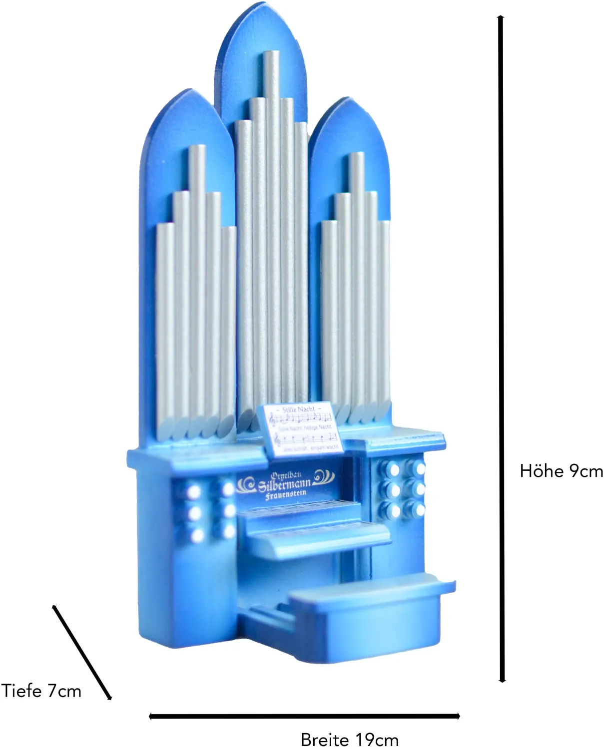 Holzfigur Engel an der Orgel ohne Krone mit blauer Orgel aus dem Erzgebirge von KDE Ellmann, Höhe 6