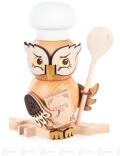 Räuchermann – detailreiche Eule im Kochoutfit mit Pfannenwender und Rezeptbuch, bemalt in Grün und