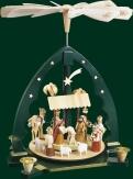Tischpyramide – detailreiche Szene Christi Geburt mit handbemalten Figuren, grünes Holzgestell –