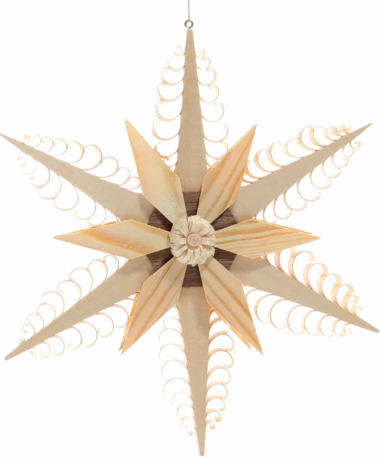Rückansicht filigraner Spanstern aus Holz mit Kiefernstern, Blumenrosette und dunklem Furnier, feine