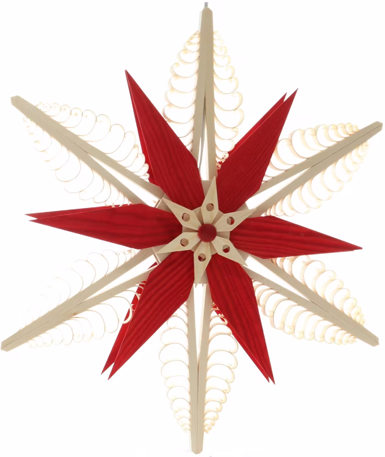 Fensterschmuck - Filigraner, handgefertigter, elektrischer Spanstern mit sechs Spanbäumen und Kiefernstern in Rot/Natur – BxHxT ca. 32x32x6 cm - ...