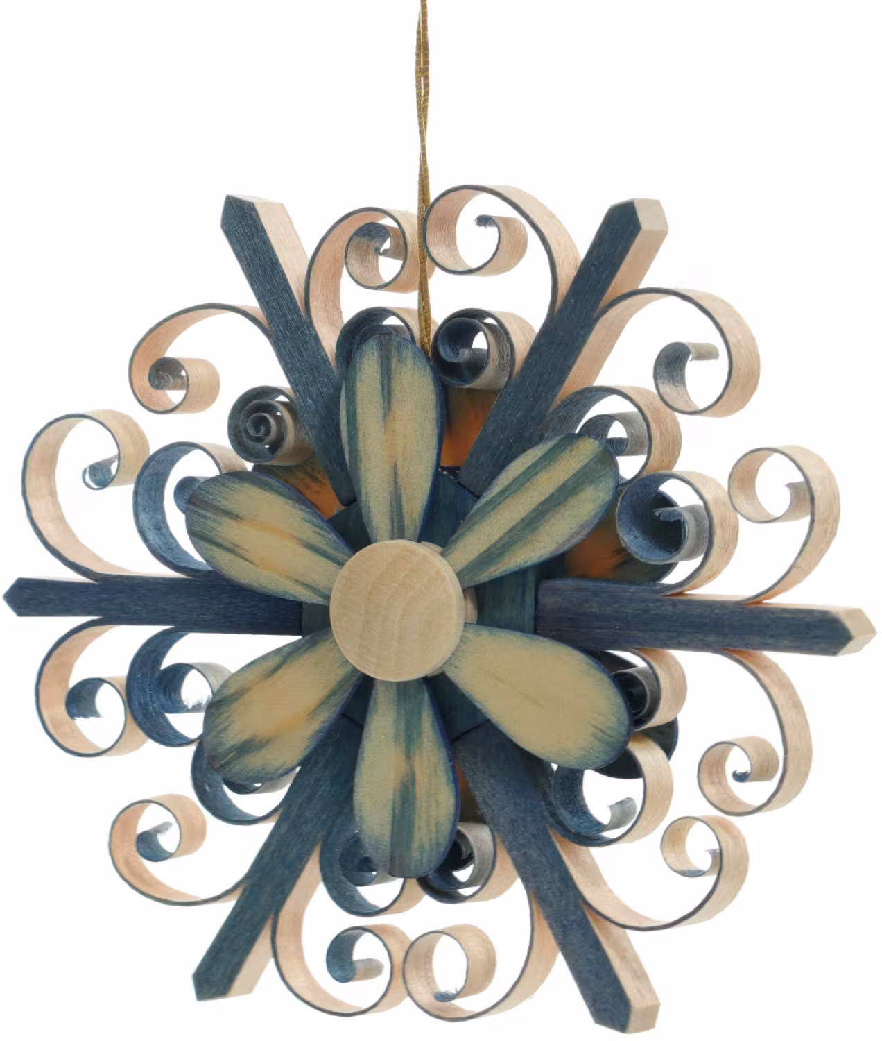 Strauchbehang filigraner blauer Spanstern mit Holzblüte aus Lindenholz von Baum- und Fensterschmuck