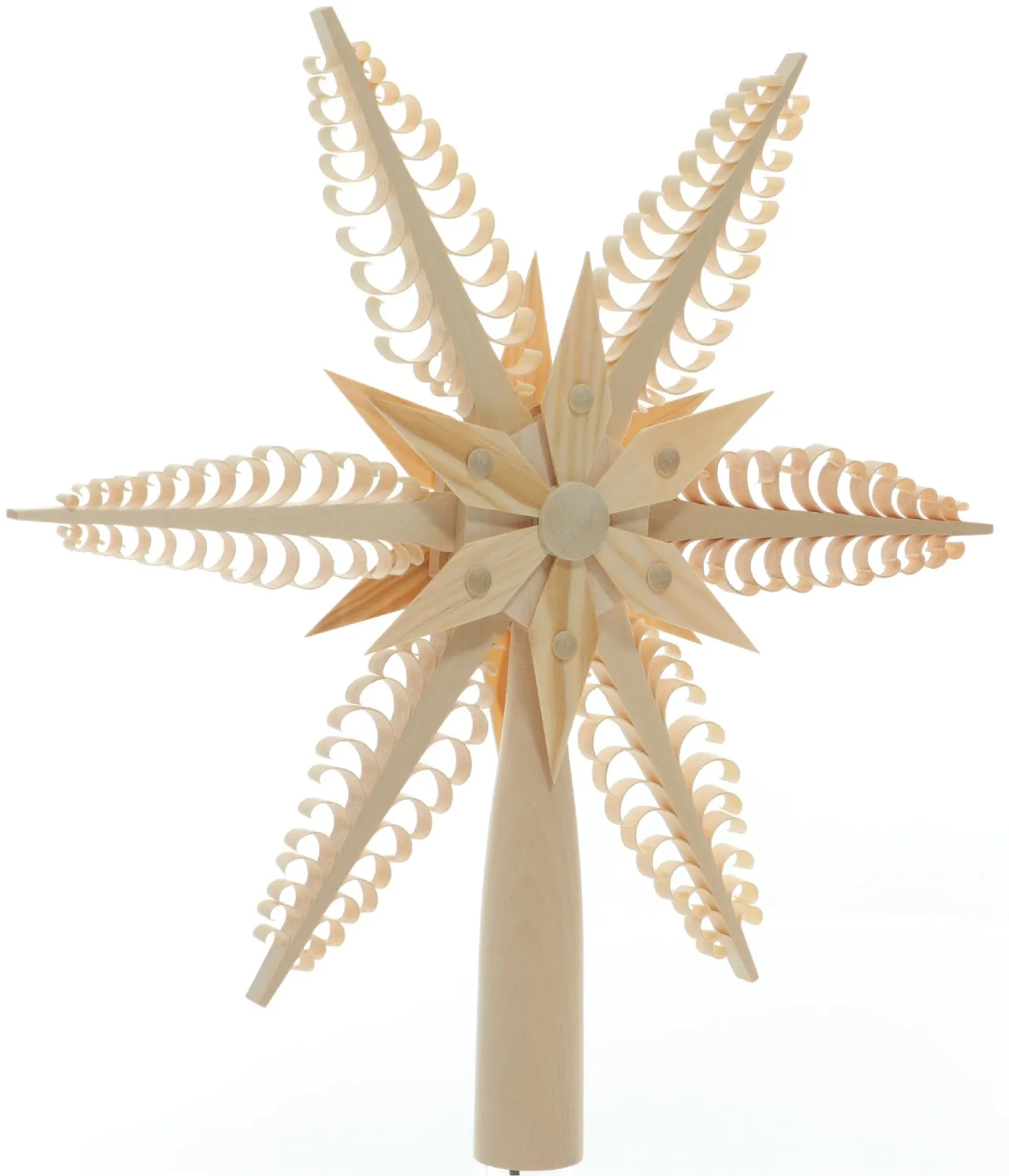 Baumschmuck Baumspitze mit filigranen Spanbäumen und Kiefernstern aus Holz, elektrisch beleuchtet