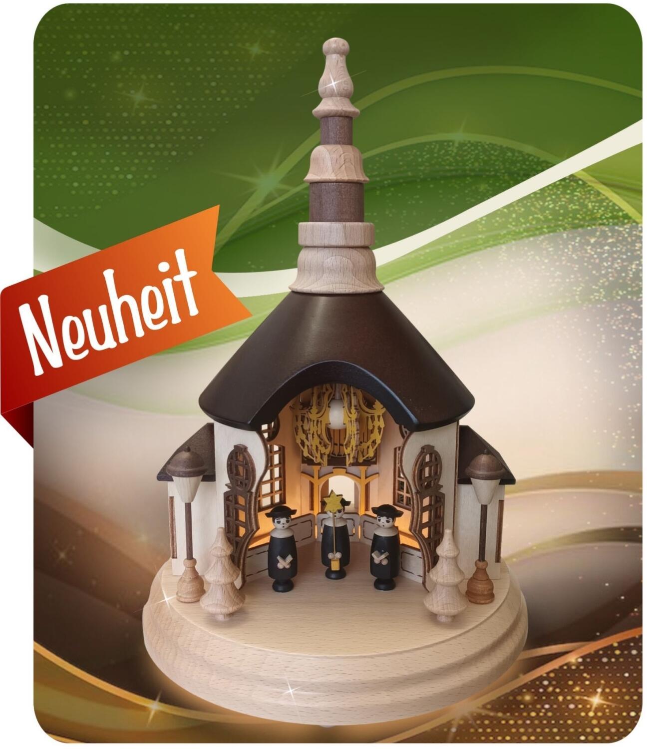 Lichterhaus – detailreiche Seiffner Kirche mit Kurrendesängern, filigran und stimmungsvoll – Innenbeleuchtung, dunkelbraunes Dach – BxHxT = 21,5 x 31 x 21,5 cm