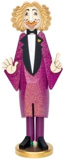Räuchermann Thomas Gottschalk aus Holz mit glitzerndem pinken Sakko und lockigem Haar auf Sockel von