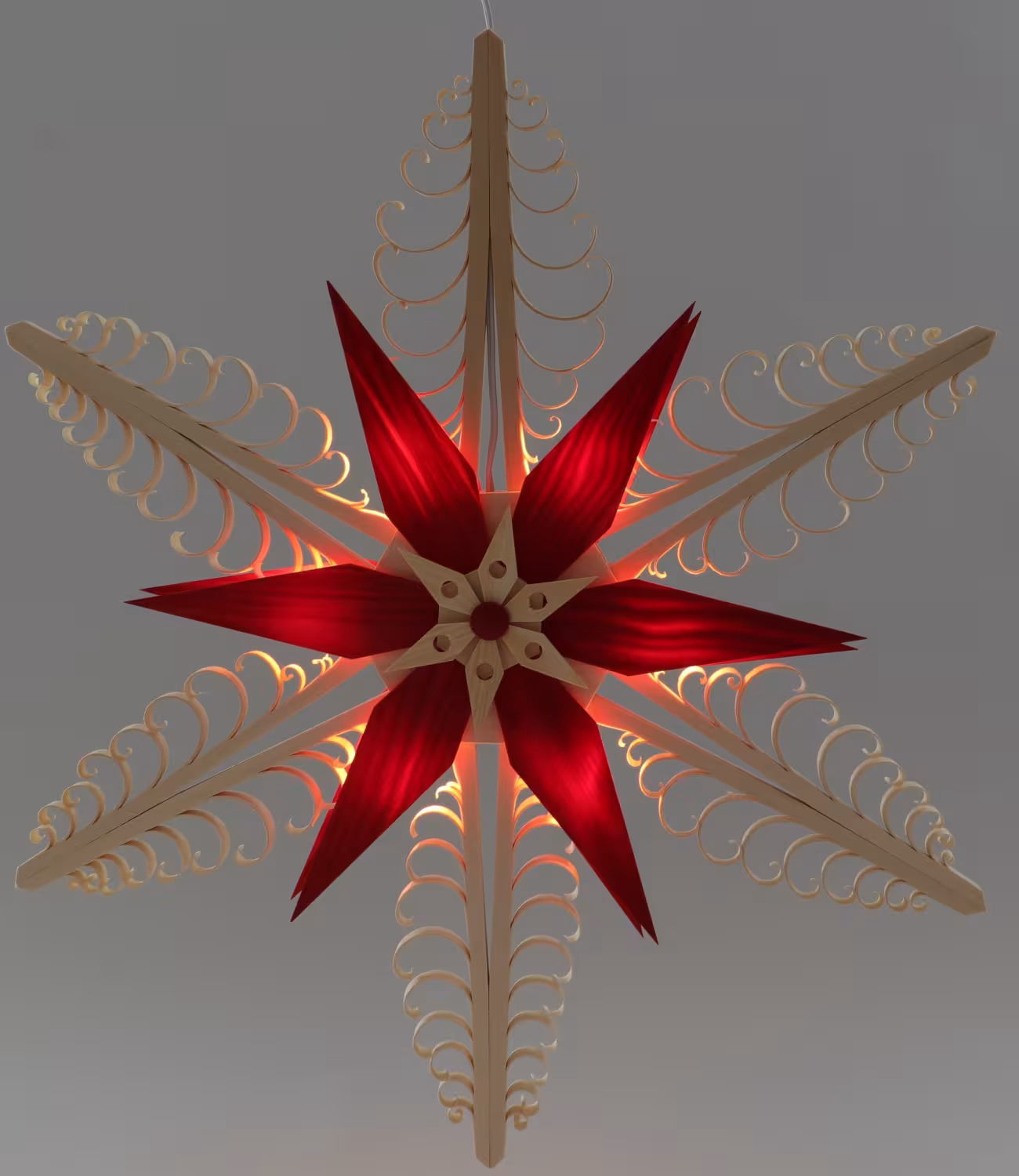 Fensterschmuck Spanstern mit LED-Beleuchtung aus Holz, rote und naturfarbene Kiefernsternen von
