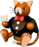 Rauchfigur – liebevolle bunte Katze mit Maus auf Sockel, detailreich gestaltet – HxB = 13 x 6 cm