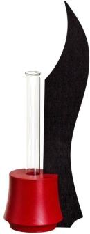 Tischvase – elegante Glas-Holz-Kombination mit rubinrotem Standfuß und anthrazitfarbenem Holzspan – 