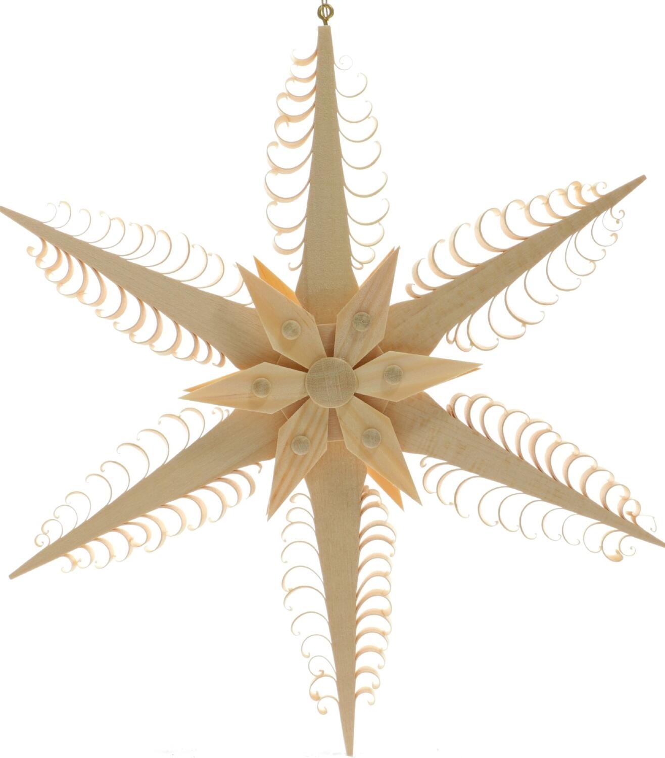 Fensterschmuck – Filigraner, handgefertigter Spanstern mit sechs kunstvoll gestochenen Spanbäumen und Holzsternsegmenten auf beiden Seiten – BxHxT ...