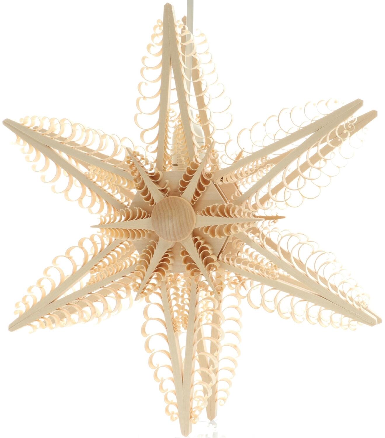 Fensterschmuck – filigraner Doppelspanstern mit kleinem Spanstern und elektrischer Beleuchtung, naturbelassenes Lindenholz – BxHxT ca. 32x32x10 cm