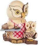 Räucherfigur – farbenfrohe Eule mit Backwaren und Kind, detailreich und liebevoll gestaltet – BxHxT 