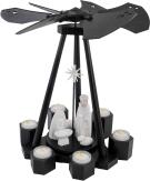 Weihnachtspyramide – moderne Teelichtpyramide Schwarz mit weißen Figuren und Sternenflügelrad –