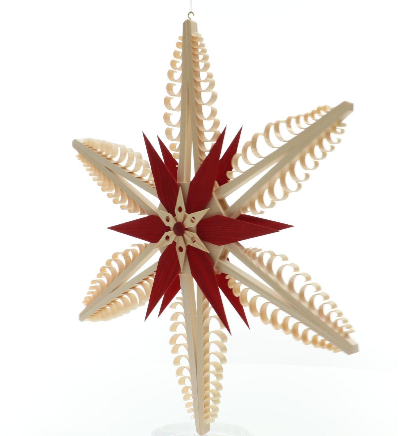 Fensterschmuck – Filigraner, handgefertigter Spanstern mit roten Kiefernholzsegmenten - BxHxT=41x41x40cm