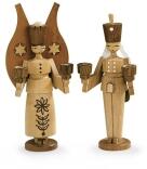 Weihnachtsfiguren – filigraner Engel und traditioneller Bergmann in Naturholzoptik mit Kerzenhaltern