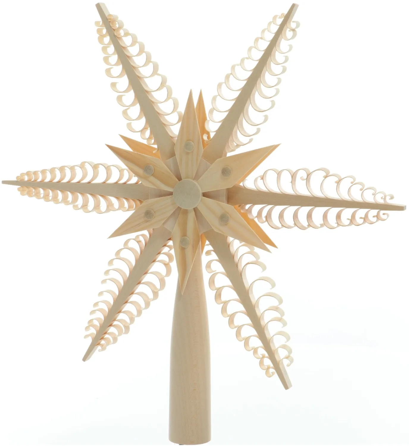 Baumschmuck - Filigrane, handgefertigte Baumspitze mit sechs Spanbäumen, beidseitigem Kiefernstern und elektrischer Beleuchtung – BxHxT ca. ...