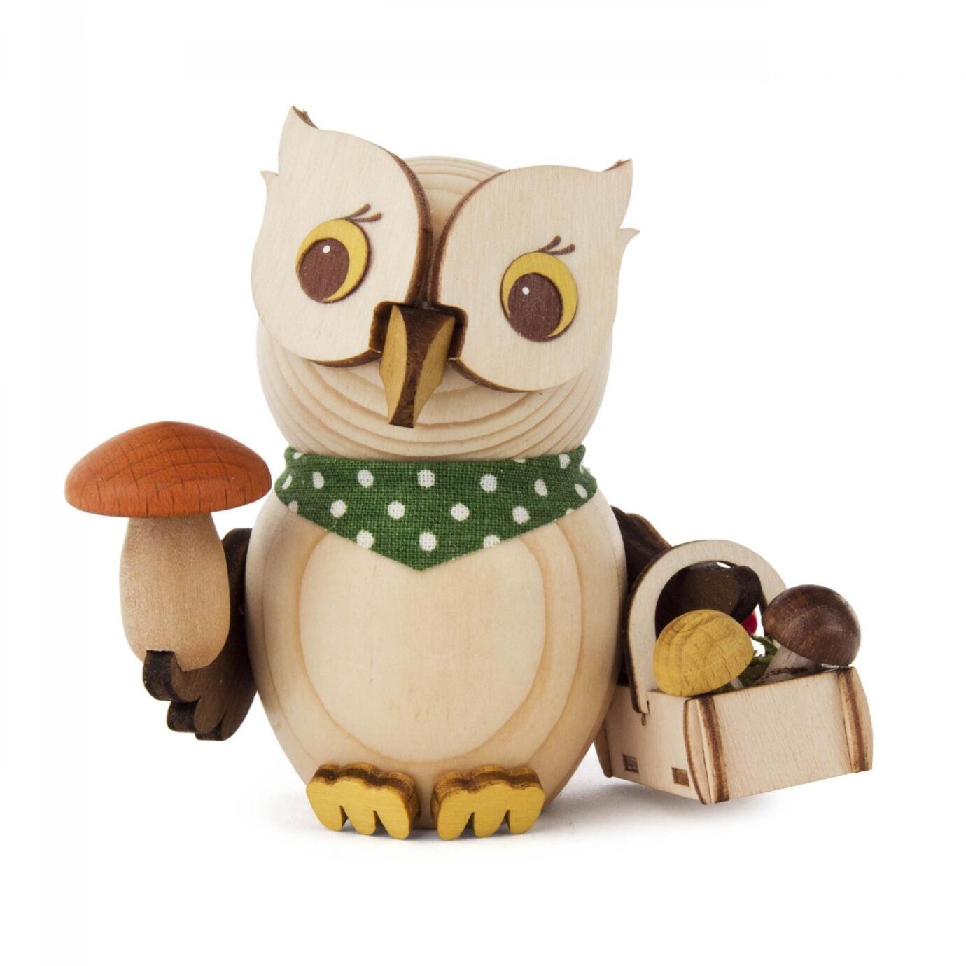 Miniaturfigur Mini-Eule Pilzsucher Höhe 7 cm aus Holz mit Pilz und Körbchen von Großhandel Dregeno,