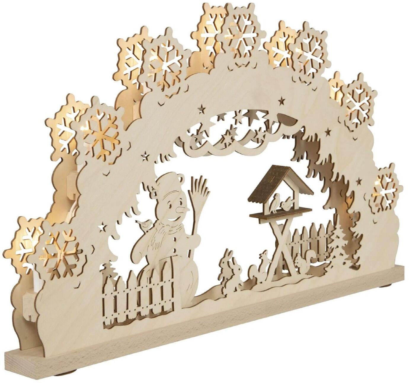 Schwibbogen Schneemann elektrisch beleuchtet mit Holzmotiv aus Schneemann, Vogelhaus und