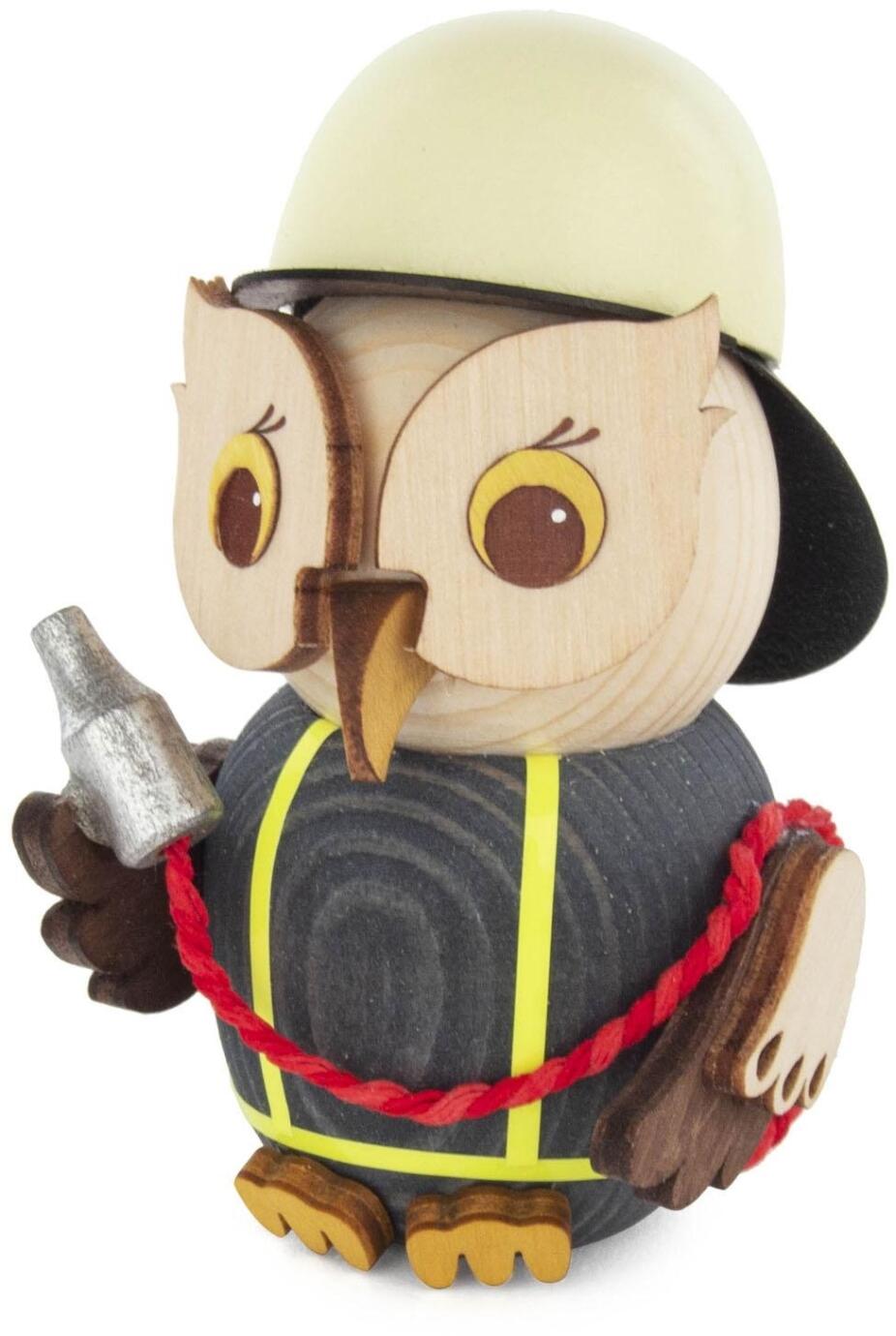 Miniatur Mini-Eule Feuerwehr Höhe ca. 8 cm aus Holz von Großhandel Dregeno, kleine Eulenfigur mit