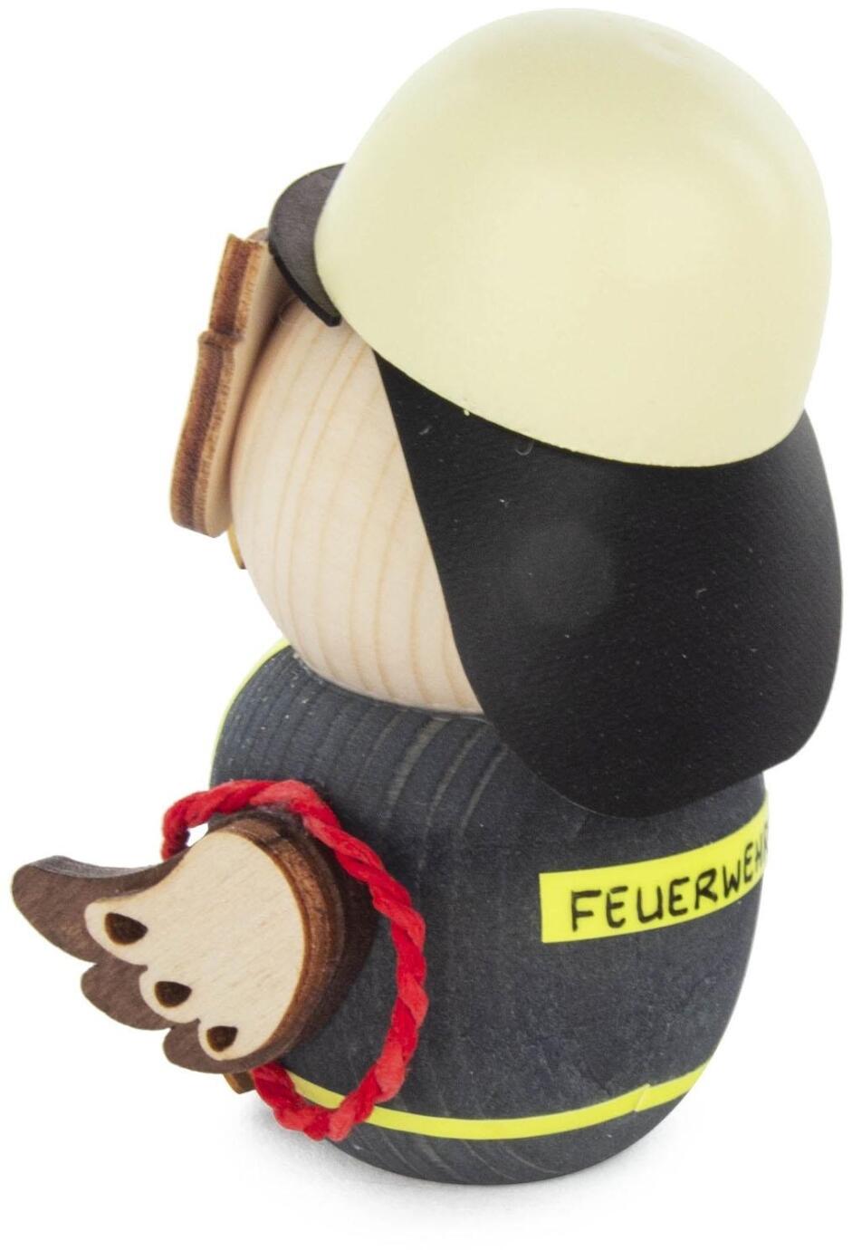 Seitliche Ansicht der Mini-Eule Feuerwehr mit Helm und Schlauch, liebevoll gestaltete Holzfigur von