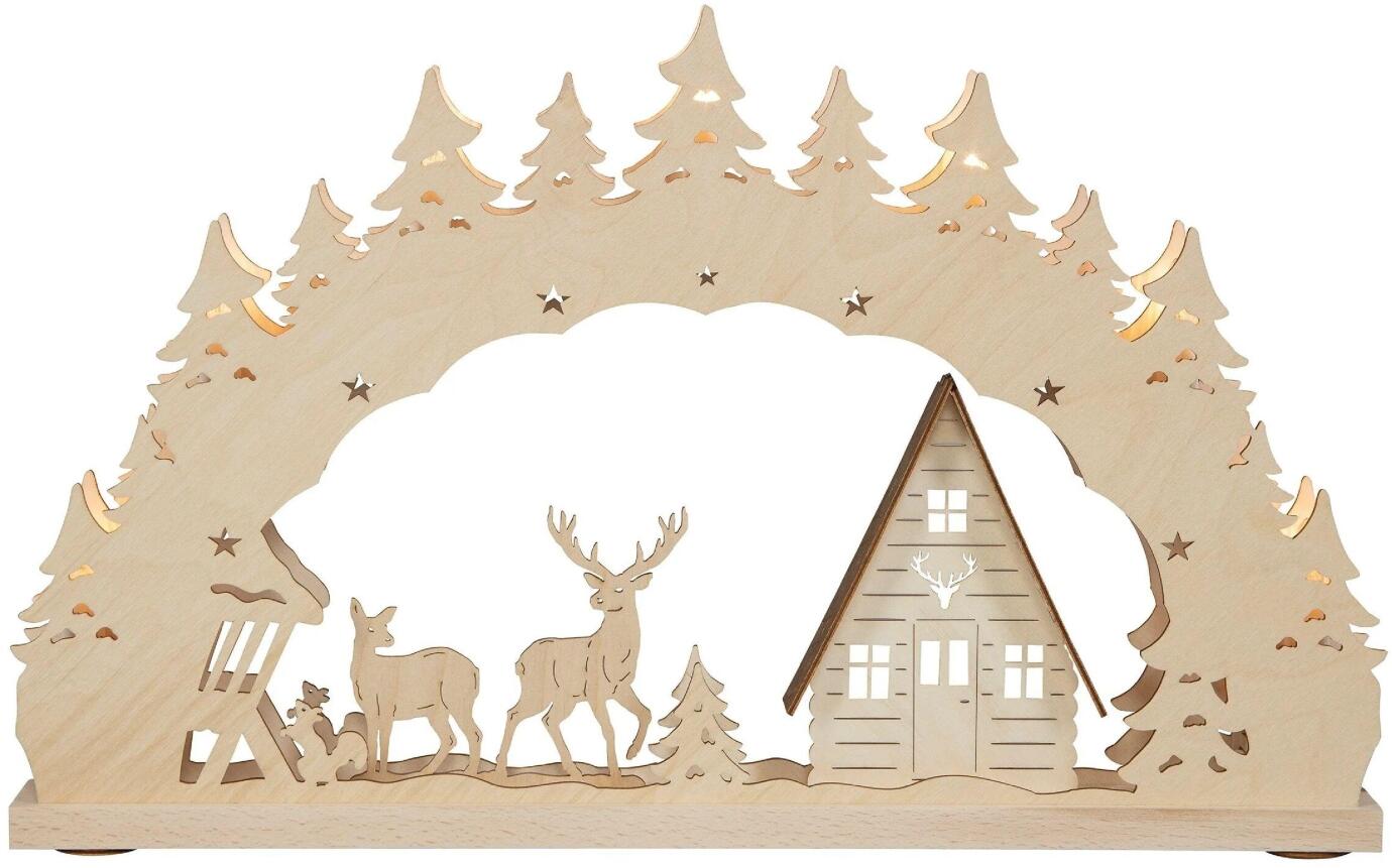 Schwibbogen – LED beleuchtet 7-flg. Waldhaus mit Reh, Fuchs und Hase aus Holz von Weigla Günter