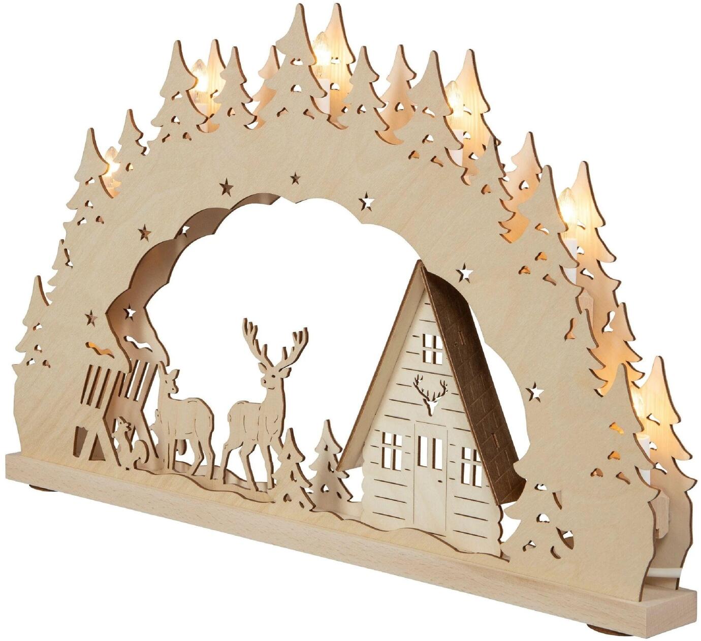 Schwibbogen – LED beleuchtet 7-flg. Waldhaus mit Reh, Fuchs und Hase aus Holz von Weigla Günter