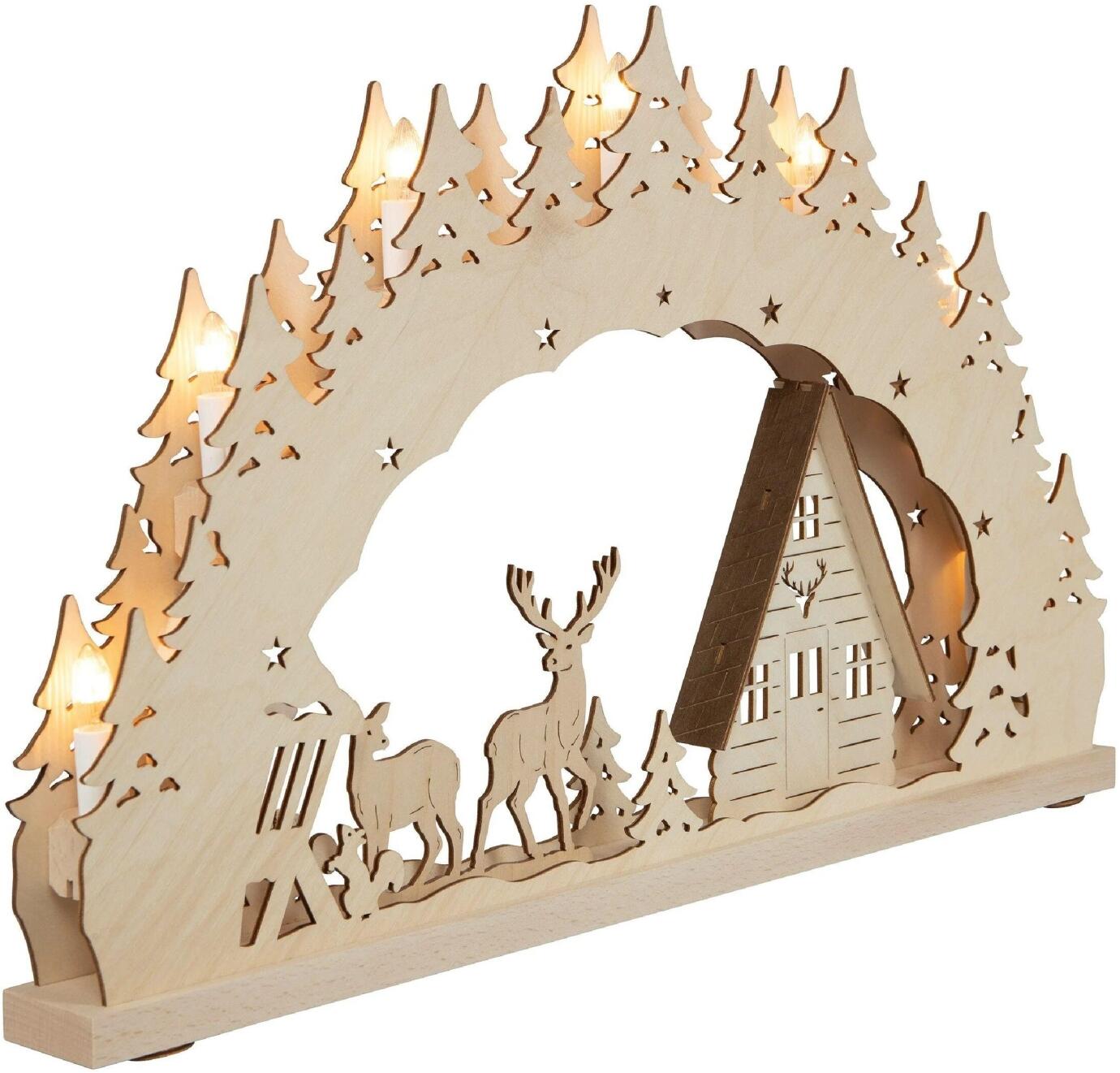 Schwibbogen LED beleuchtet 7-flg. Waldhaus mit Reh, Fuchs und Hase aus Holz von Weigla Günter