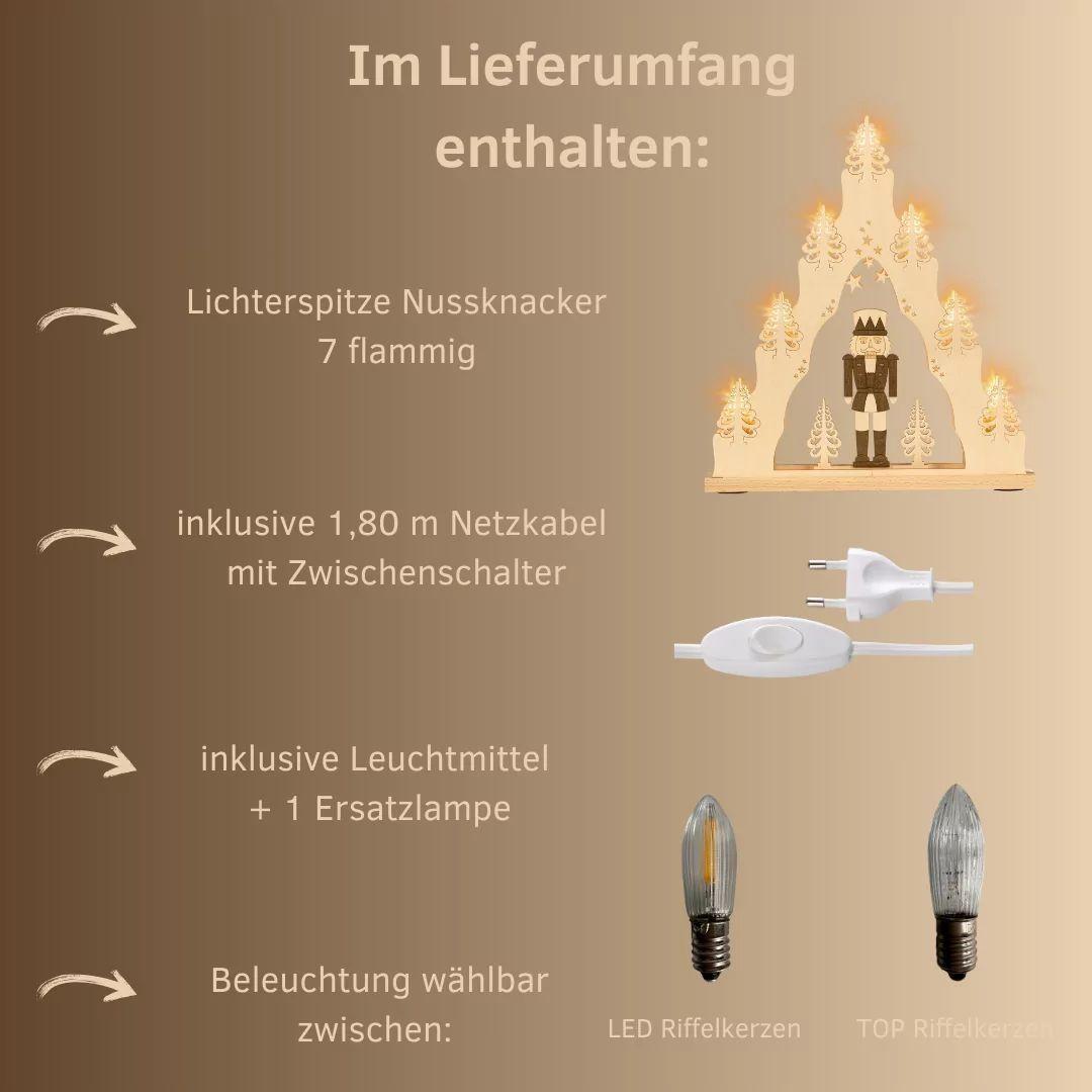 Schwibbogen – klassischer detailreicher Nussknacker in filigraner Laubsägeoptik, naturfarben mit