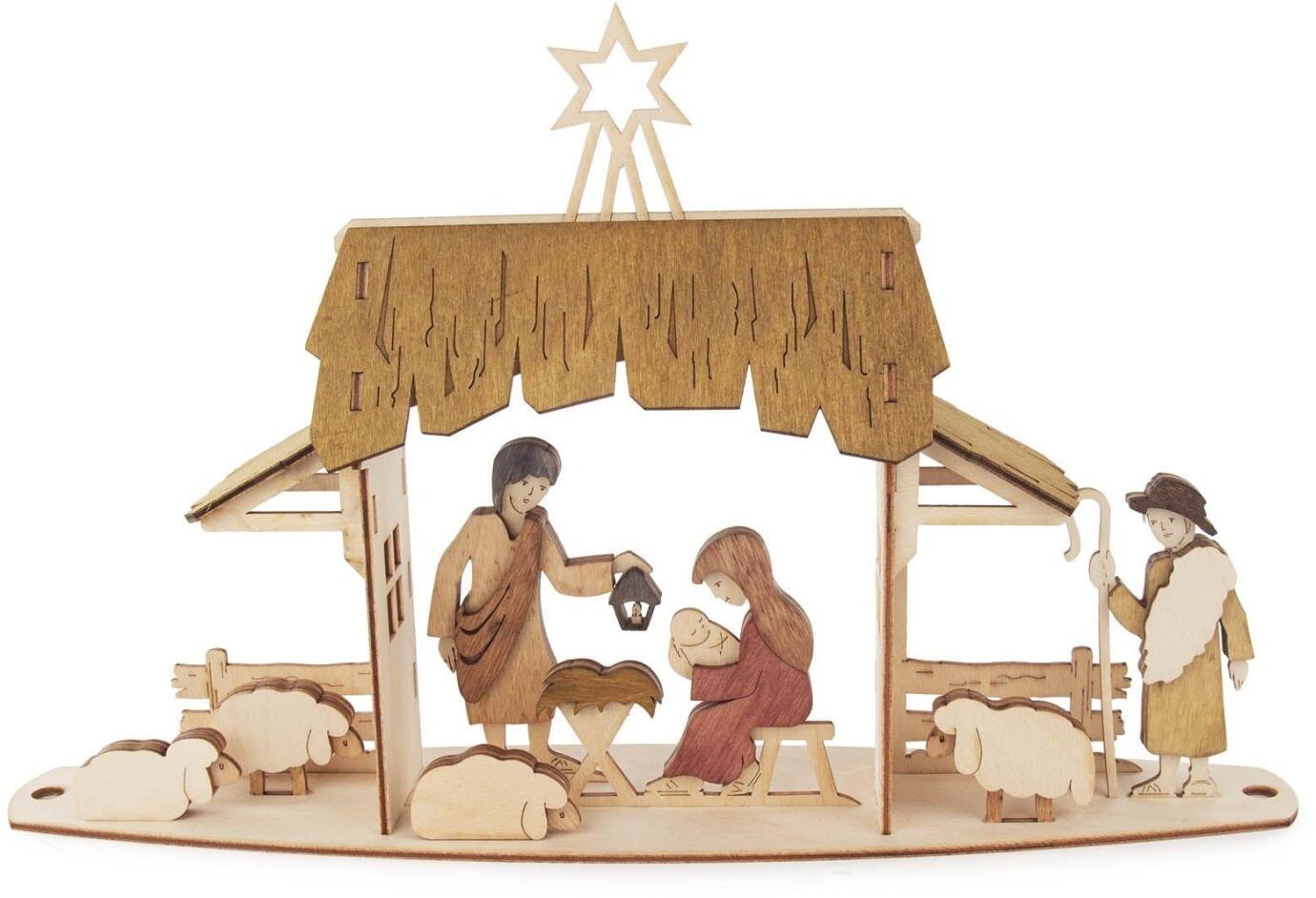 Bastelset Lichterbogen Motiv Krippe für Teelichte aus Holz mit Maria, Josef und Kind im Stall sowie