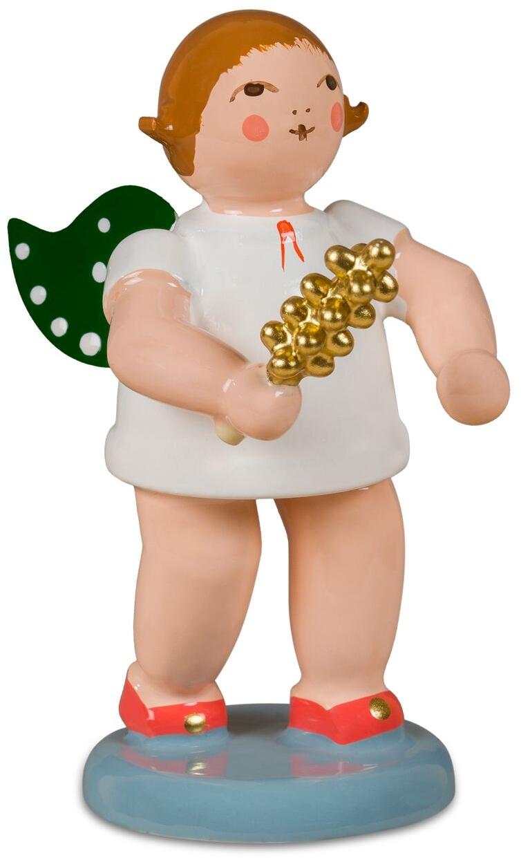 Weihnachtsfigur Engel mit grünen Flügeln und goldenem Schellenstab sowie roten Schuhen aus Holz von