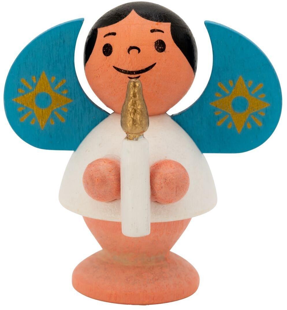 Miniaturfiguren Sternengel mit Geschenk, kleiner Holzengel mit Kerze und blauen Flügeln von