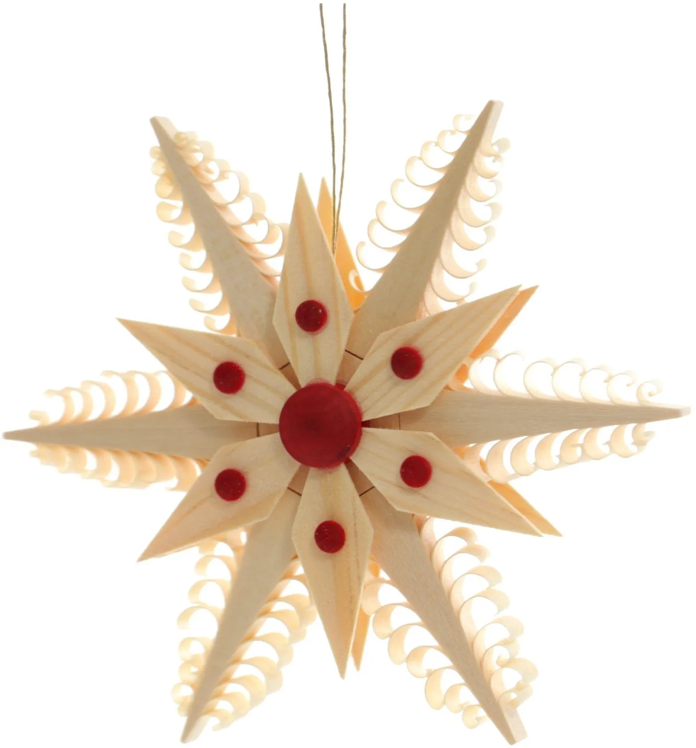 Christbaumschmuck filigraner Spanstern aus Lindenholz mit Kiefernholzsegmenten und roten Punkten von