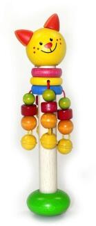 Holzspielzeug – farbiger Schellenstab mit niedlicher Katze – BxHxT 6 x 18,5 x 6 cm