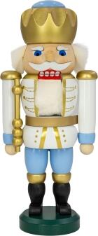 Nussknacker – König mit Schwibbogen, weiß-blau, goldene Krone – BxHxT 10 x 25 x 7 cm