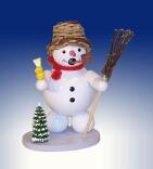 Räuchermann – detailreicher Schneemann mit Besen, Vogel und Baum, handbemalt – BxHxT = 8 x 13 x 6 cm