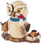Räucherfigur – detailreiche Eule als Pilzsammler mit Korb, harmonisch bunt – BxHxT = 8 x 16 x 8 cm