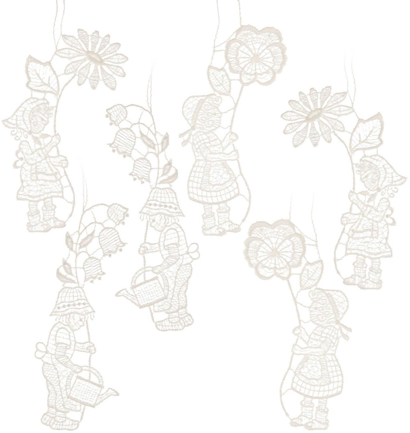 Baumschmuck – 6 filigrane Blumenkinder mit zarten Blüten aus Plauener Spitze 3 frühlingshafte Motive – BxHxT 7,5 x 13 x 0,1 cm